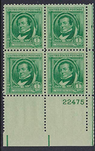 1940 t Washington Irving Plate Block of Four 1c  Postage Stamps,  - Scott 859 -  MNH,OG