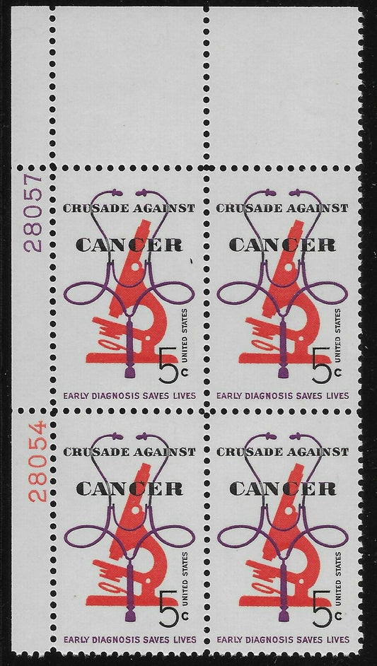 1965 Crusade Against Cancer Plate Block Of 4 5c Postage Stamps - MNH, OG - Scott 1263`- CX262