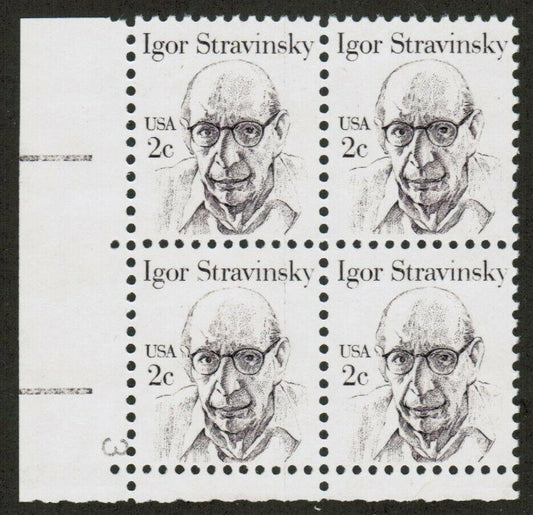 1982 Igor Stravinsky Plate Block of 4 2c Postage Stamps - MNH, OG - Scott 1845