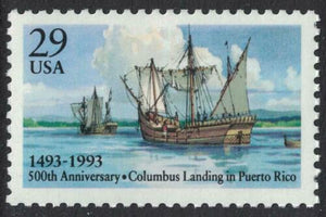 1993 Columbus Landing in Puerto Rico Single 29c Postage Stamp - MNH, OG - Sc# 2805