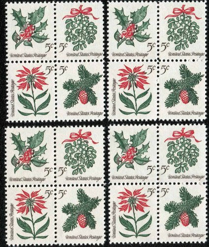 1964 Christmas Holiday Foliage ~ Mistletoe ~ Evergreens ~ Poinsettia ~ Holly ~ 4 Blocks of 4 5¢ Stamps- Dress Up your Christmas Cards
