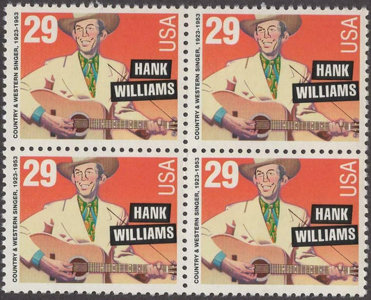 1993 Hank Williams Block of 4 29c Postage Stamps - MNH, OG - Scott 2723 - DS196