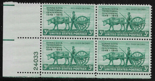 1949 Minnesota Territory Plate Block of 4 3c Postage Stamps - MNH, OG - Scott 981