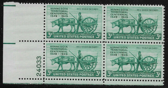 1949 Minnesota Territory Plate Block of 4 3c Postage Stamps - MNH, OG - Sc# 981