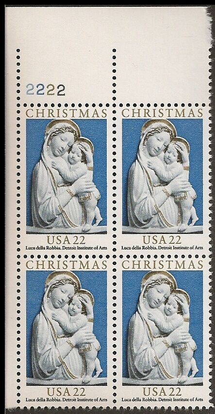 1985 Christmas Madonna Luca Della Robbia Terracotta Plate Block Of 4 22c Postage Stamps - Sc 2165 - MNH, OG - CX873
