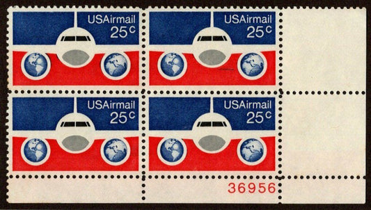 1976 Airplane & Globe Airmail Plate Block of 4 25c Postage Stamps - MNH, OG - Scott C89 - BC44