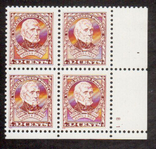 1995 President James Polk Plate Block of 4 32c Postage Stamps - MNH, OG - Scott 2587