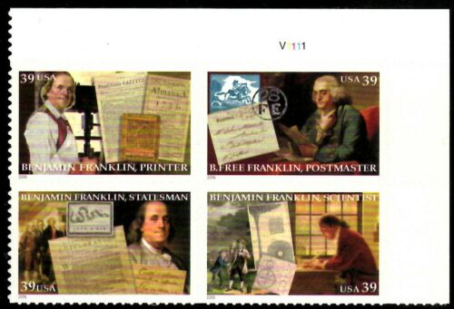 2006 Benjamin Franklin Plate Block of 4 39c Postage Stamps - MNH, OG - Scott 4021-4024