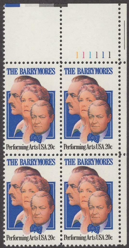 1982 The Barrymores Performing Arts Plate Block of 4 20c Postage Stamps - MNH, OG - Scott 2012