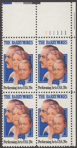 1982 The Barrymores Performing Arts Plate Block of 4 20c Postage Stamps - MNH, OG - Sc# 2012