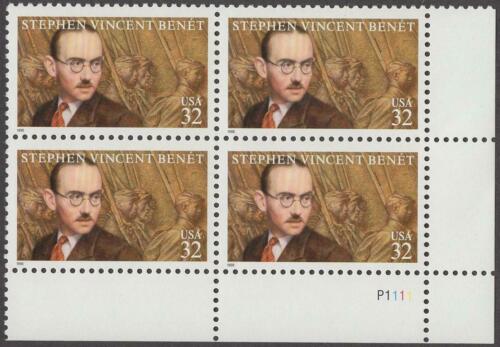 1998 Stephen Vincent Benet, Author Plate Block of 4 32c Postage Stamps - MNH, OG - Sc# 3221