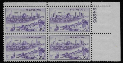 1950 Kansas City, Missouri Centennial Plate Block of 4 Postage Stamps - MNH, OG - Scott 994