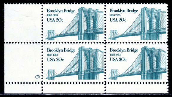 1983 Brooklyn Bridge Plate Block Of 4 20c Postage Stamps - Sc# 2041 - MNH, OG - CW249b