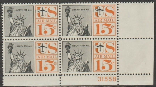 1961 Statue Of Liberty Airmail Plate Block of 4 15c Postage Stamps - MNH, OG - Scott C63