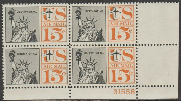 1961 Statue Of Liberty Airmail Plate Block of 4 15c Postage Stamps - MNH, OG - Sc# C63