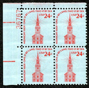 1975 Midnight Ride Plate Block Of 4 24c Postage Stamps - Sc# 1603 - MNH, OG - CX468