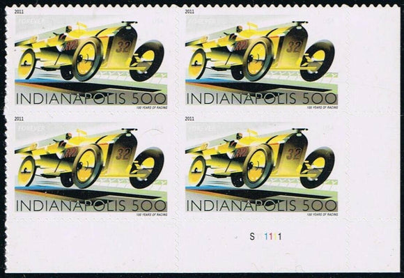 2011 Indianapolis 500 Centennial Plate Block of 4 Forever Postage Stamps - MNH, OG - Sc# 4530