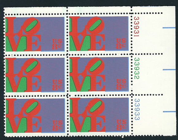 1973 Love Plate Block of 6 8c Postage Stamps - MNH, OG - Sc# 1475