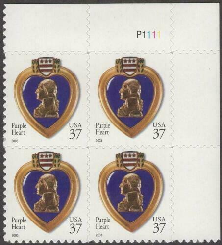 2003 Purple Heart Plate Block of 4 37c Postage Stamps - Sc# - 3784 - MNH, OG - CX740