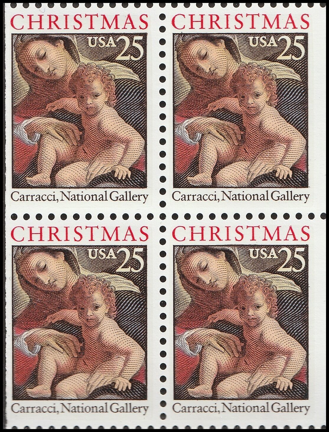 1989 Christmas Madonna By Carracci Booklet Block Of 4 25c Postage Stamps - Scott - 2427a - MNH, OG - CX751
