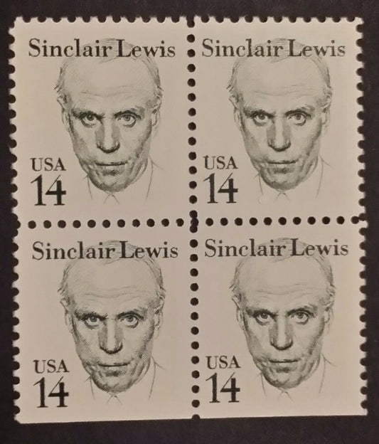 1985 Sinclair Lewis Block of 4 14c Postage Stamps - MNH, OG - Scott 1856