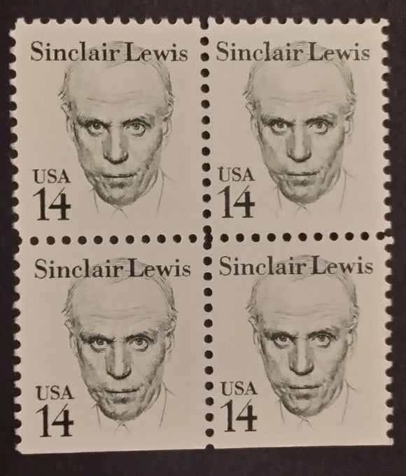 1985 Sinclair Lewis Block of 4 14c Postage Stamps - MNH, OG - Sc# 1856