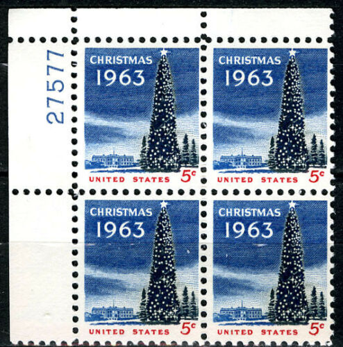 1963 Christmas Tree Plate Block Of 4 5c Postage Stamps - MNH, OG - Scott 1240 - CX219