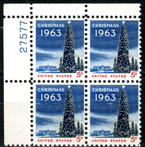 1963 Christmas Tree Plate Block Of 4 5c Postage Stamps - MNH, OG - Sc# 1240 - CX219