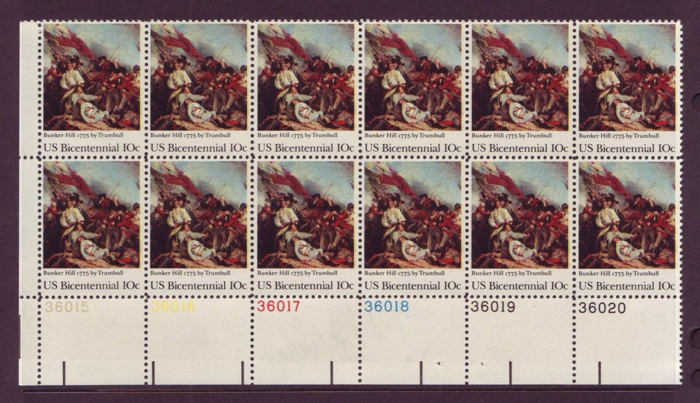 1975 Bicentennial Battle of Bunker Hill Plate Block of 12 Postage Stamps - MNH, OG - Scott 1564