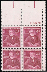 1960 Andrew Carnegie Plate Block of 4 4c Postage Stamps - Sc# - 1171 - MNH, OG - CX681