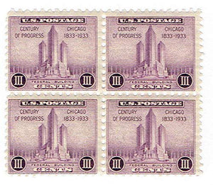 1933 Federal Building at Chicago Century of Progress Block of 4 3c Postage Stamps -Sc#729 - MNH,OG