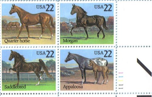 1985 AMERICAN HORSES ~ MORGAN ~ QUARTER HORSE ~ APPALOOSA ~ SADDLEBRD #2155-58 Plate Block of 4 x 22¢ US Postage Stamps