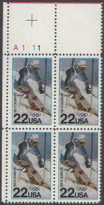 1988 Winter Olympics Calgary Skiing Plate Block Of 4 22c Postage Stamps - MNH, OG - Sc 2369 - CW451a