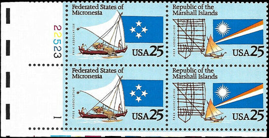 1990 Micronesia & Marshall Islands Plate Block of 4 25c Postage Stamps - MNH, OG - Scott 2506-2507