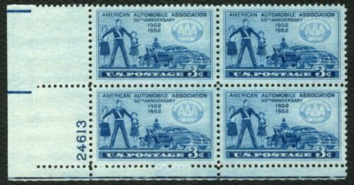 1952 American Automobile Association Plate Block Of 4 3c Stamps - Sc 1007 - MNH, OG - DS153a