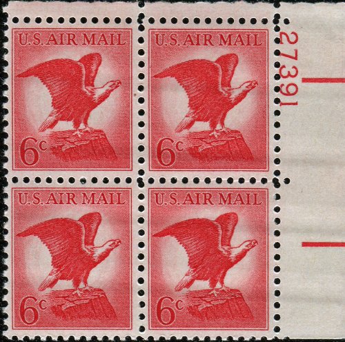 1963 American Bald Eagle ~ Plate Block of 4 6c Airmail Postage Stamps  - Scott C67 -  MNH,OG