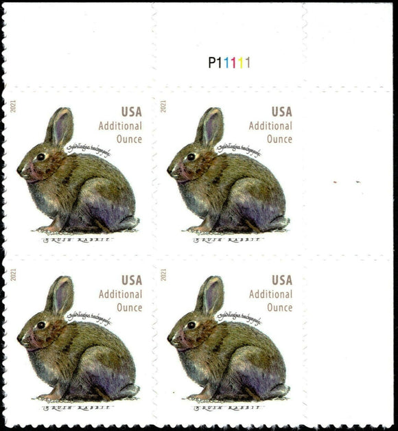 2021 Brush Rabbit Plate Block Of 4 20c Postage Stamps - MNH, OG - Sc# 5544