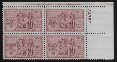 1953 - Louisiana Purchase Plate Block of 4 3c Postage Stamps - Sc# 1020 - MNH, OG - CX513