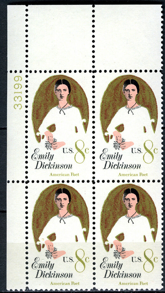 1971 Emily Dickinson Plate Block of 4 8c Postage Stamps - Scott 1436 - MNH, OG - CX523