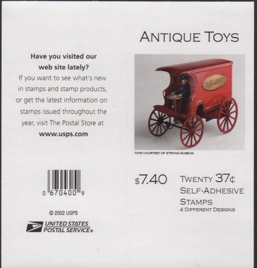 2002-2003 Antique Toys Booklet Of 20 37c Postage Stamps - MNH, OG - Scott 3642 - 3645e - CX81