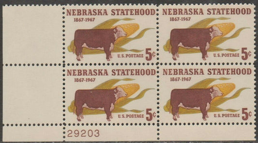 1967 Nebraska Statehood Plate Block Of 4 5c Postage Stamps - MNH, OG - Scott 1328`- CX230