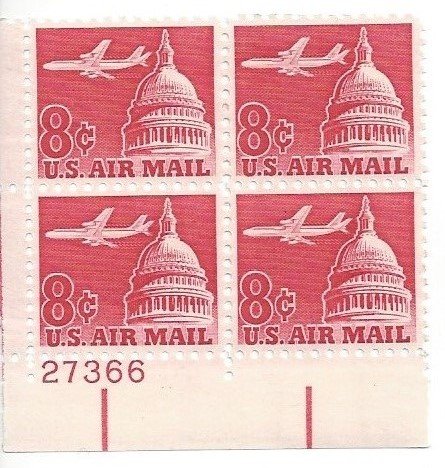 1962 Plane Over Capital Plate Block  0f 4 8c Airmail Postage Stamps - Sc# C64  - MNH,OG