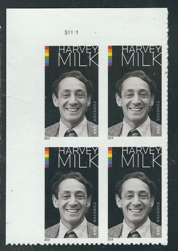 2014 Harvey Milk Plate Block of 4 49c Postage Stamps - MNH, OG - Scott 4906