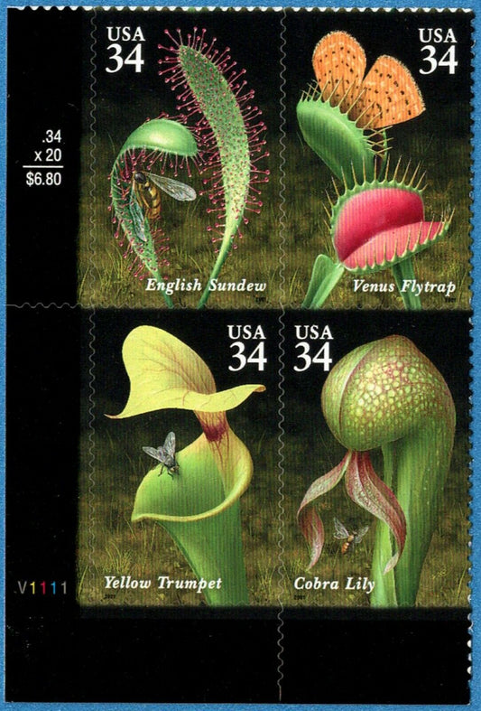 2001 Carnivorous Plants Plate Block Of 4 34c Postage Stamps - Scott 3528-3531, MNH, OG - DR126
