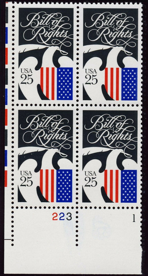 1989 Bill Of Rights Plate Block Of 4 25c Postage Stamps - Sc 2421 - MNH - CW461