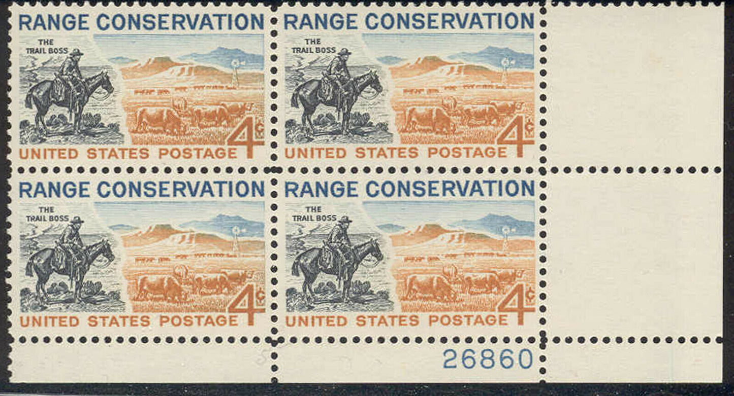 1961 Range Conservation Plate Block of 4 4c Stamps - MNH, OG - Scott# 1176 - CX898
