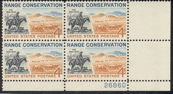 1961 Range Conservation Plate Block of 4 4c Stamps - MNH, OG - Scott# 1176 - CX898