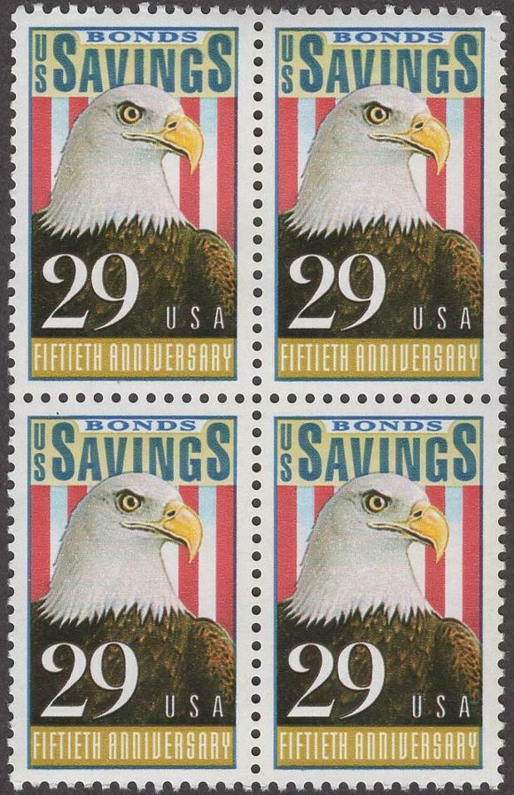 1991 Savings Bonds, 50th Anniv. Block of 4 29c Postage Stamps - MNH, OG - Sc# 2534