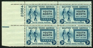 1948 Youth Month Plate Block of 4 3c Postage Stamps - MNH, OG - Sc# 963