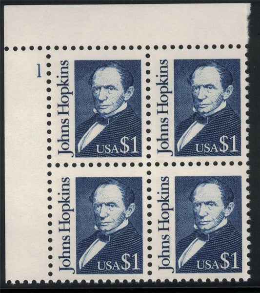 1989 Johns Hopkins Plate Block Of 4 $1 Postage Stamps Scott 2194 - MNH -DS110a